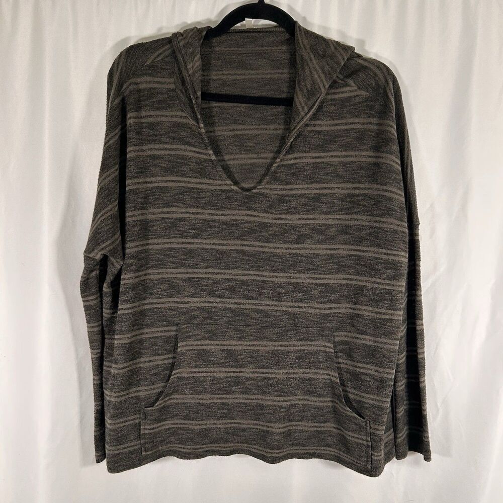 Out From Under Hoodie Women's Medium Green Striped Vneck Pockets Lightweight